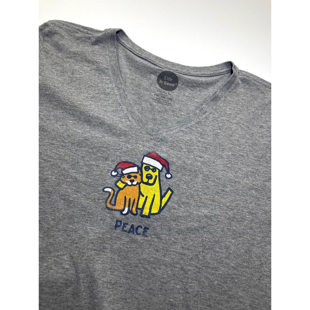 Life is Good Christmas Peace Dog Cat Santa Hat V-Neck Long Sleeve Gray XXL 0323